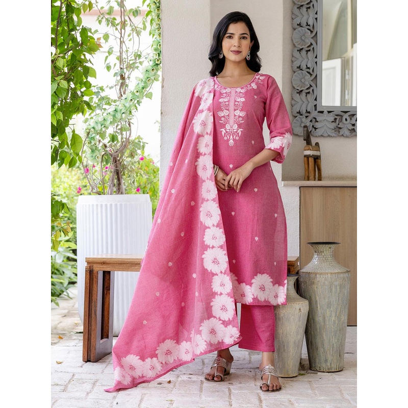 SANISA Women Floral Embroidered Regular Kurta with Trousers & With Dupatta