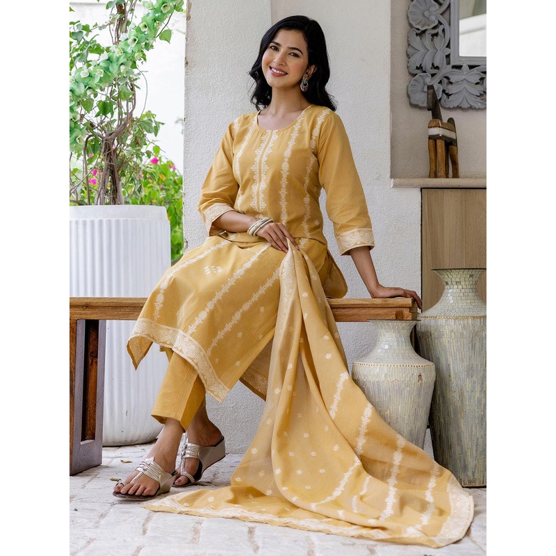 SANISA Women Mustard Cotton Blend Kurta Sets