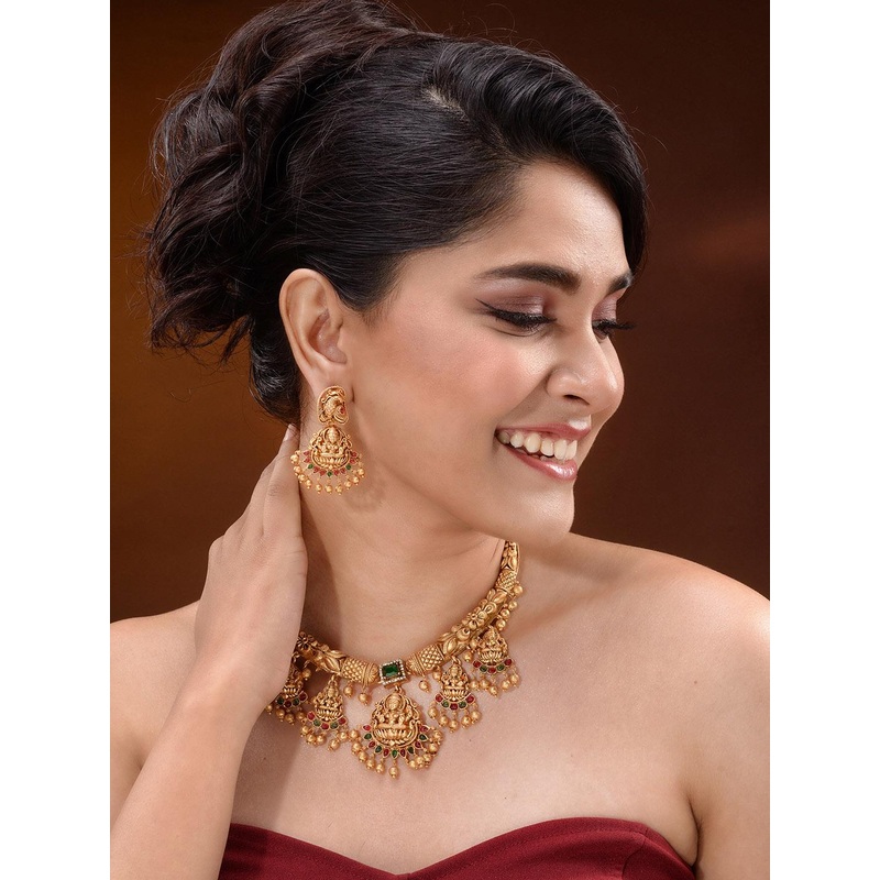 Saraf RS Jewellery Gold-Plated CZ-Studded & Beaded Temple Necklace and Earrings