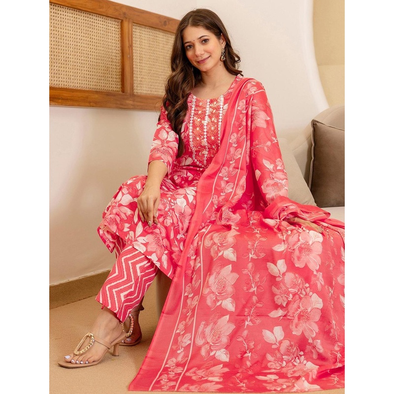 SKYLEE Floral Printed Mirror Work Straight Kurta With Trousers And Dupatta