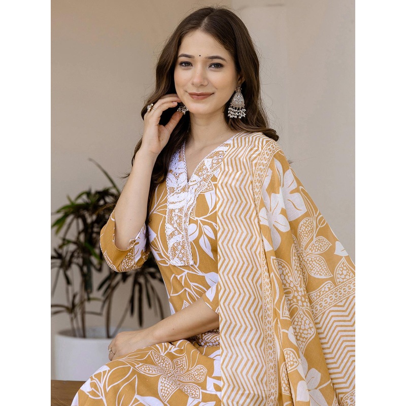 SKYLEE Women Floral Printed Mirror Work Kurta with Trousers & With Dupatta Kurta Sets