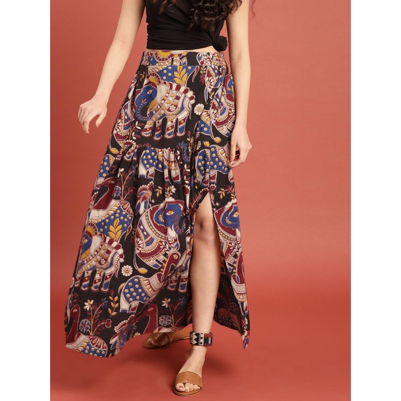 Taavi Black & Maroon Kalamkari Hand Block Print Ethnic Sustainable Maxi Pure Cotton Skirt with Gathers