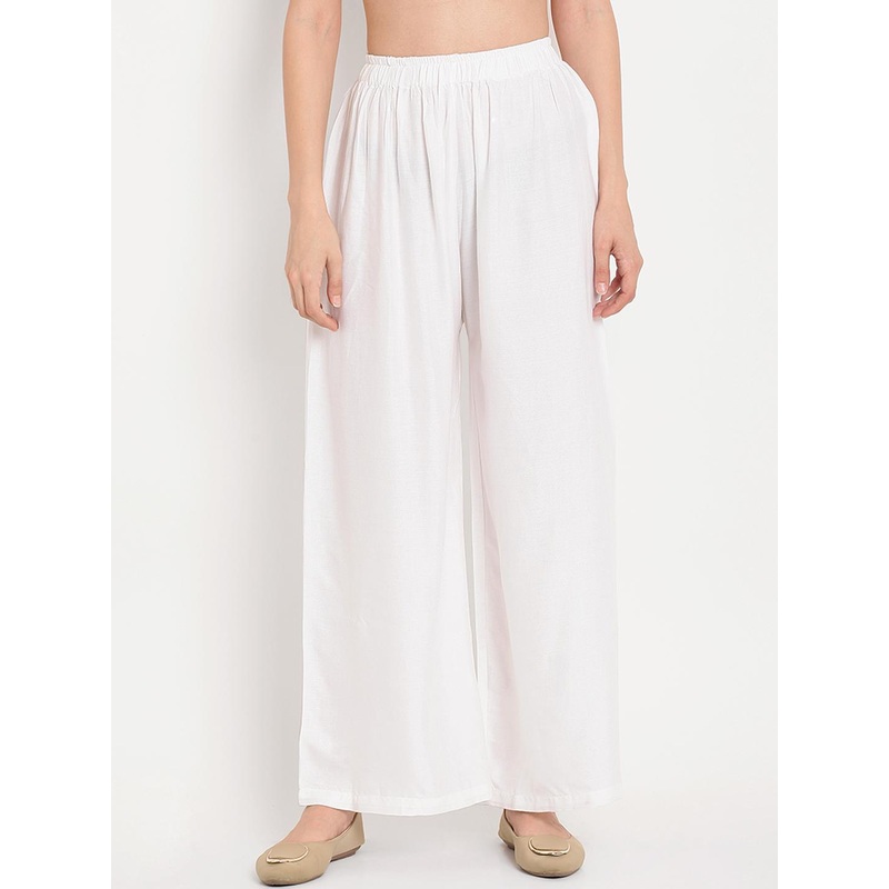 TAG 7 Women White Solid Straight Palazzos
