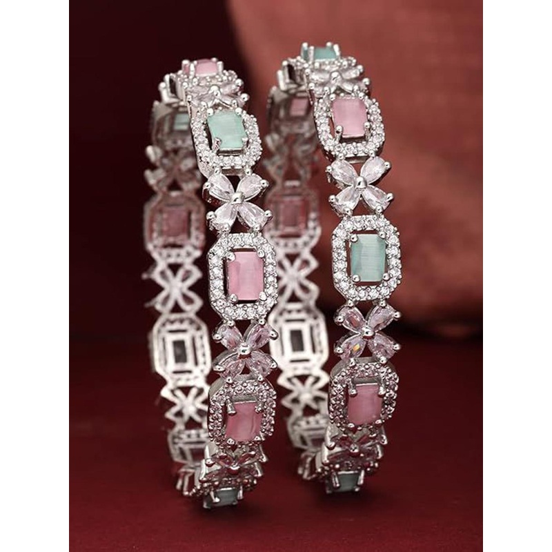 The Pari Set Of 2 Rhodium Plated American Diamond Stone Studded Bangles