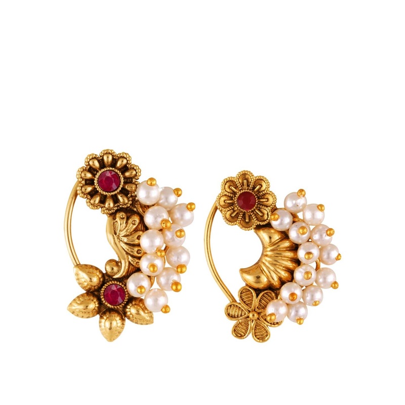 Vighnaharta Set Of 2 Gold-Plated Stone-Studded Beaded Nose Pins