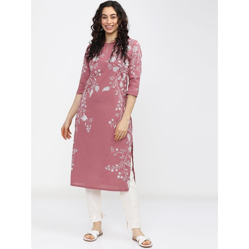 Vishudh Woman Pink Floral Printed Keyhole Neck Kurta