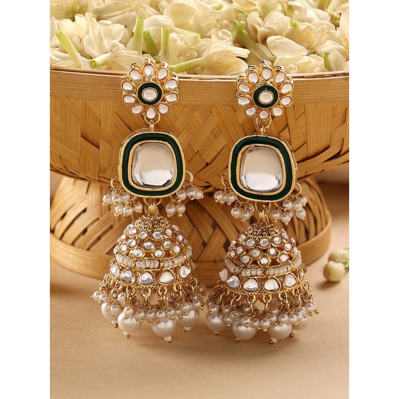 Zaveri Pearls Gold Plated Dome Shaped Kundan Studded & Beaded Jhumkas