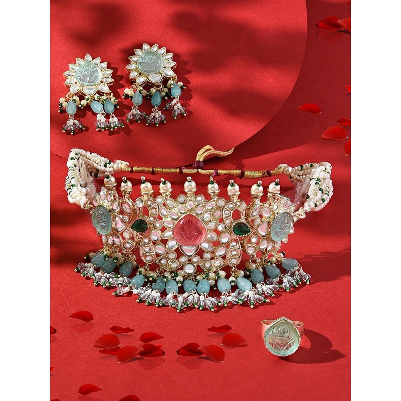 Zaveri Pearls Gold-Plated Kundan Studded & Beaded Jewellery Set