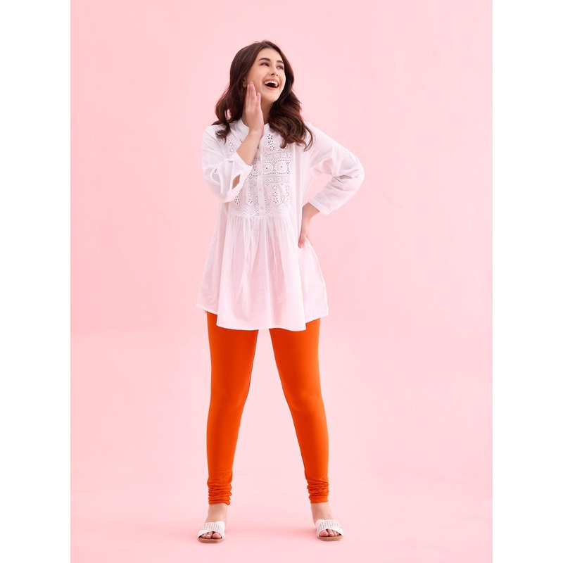 Go Colors Women Orange Solid Churidar Length Leggings
