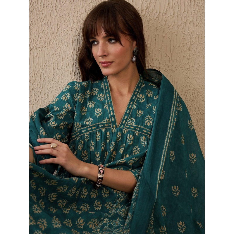Indo Era Women Floral Printed Empire Pure Cotton Kurta with Trousers & With Dupatta