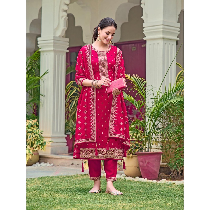 KALINI Floral Embroidered Regular Sequinned Straight Kurta with Trousers & Dupatta