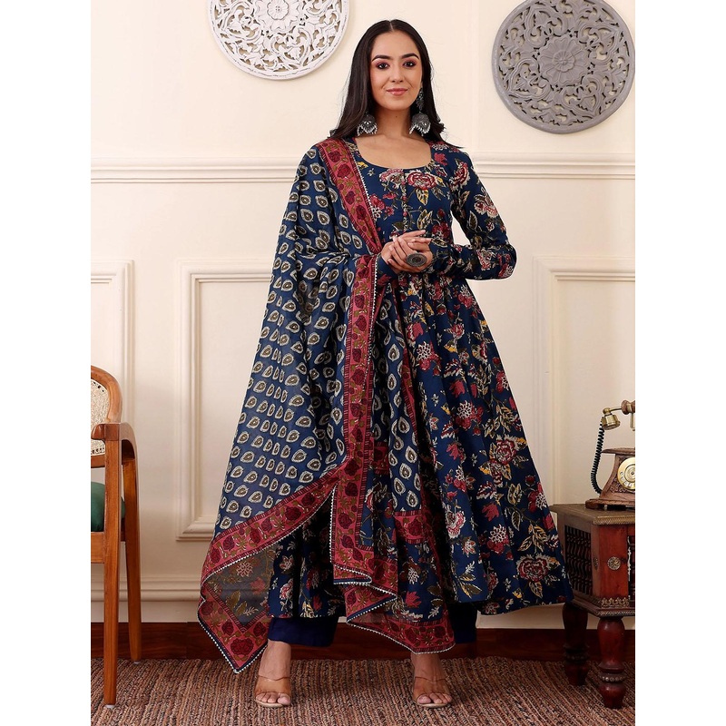 KALINI Floral Printed Anarkali Kurta With Trousers And Dupatta
