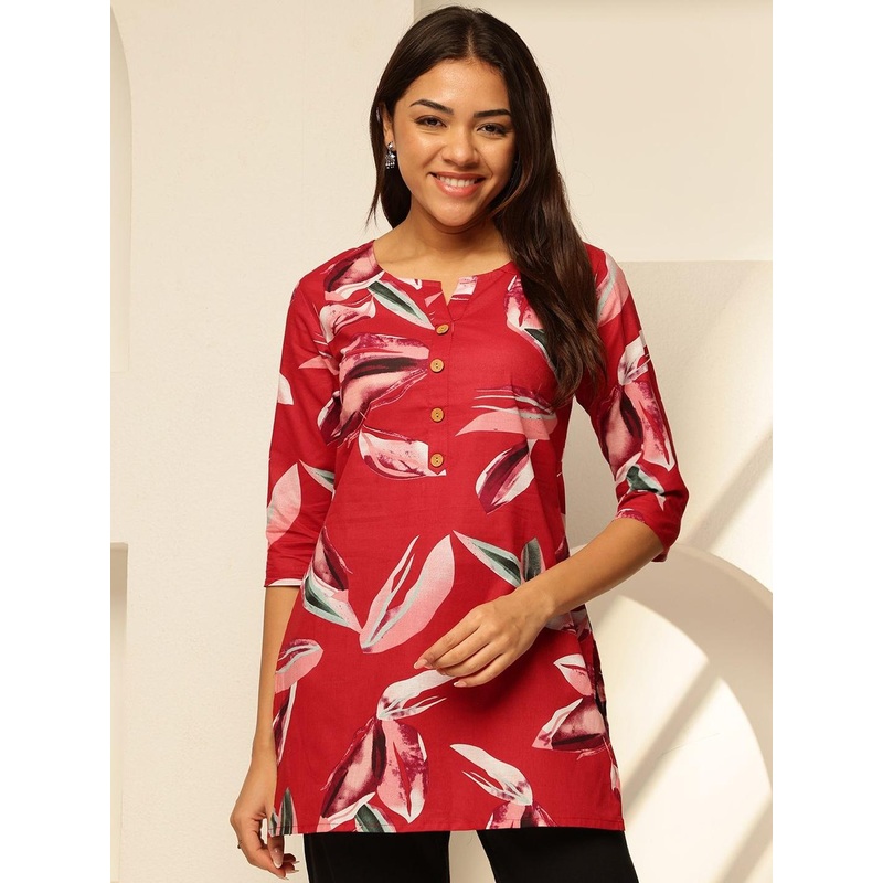 KALINI Floral Printed Round Neck Straight Cotton Kurta