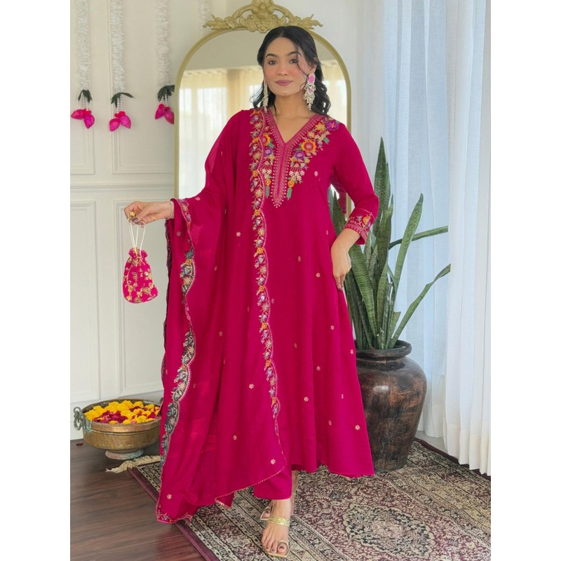 KALINI Women Floral Embroidered Regular Thread Work Kurta with Trousers & With Dupatta