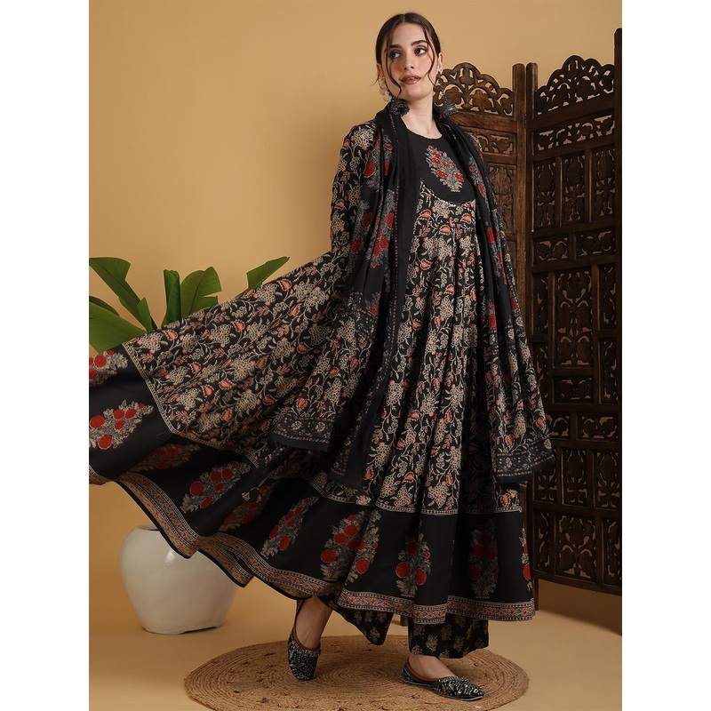 KIMAYRA Floral Printed Anarkali Pure Cotton Kurta With Palazzos And Dupatta
