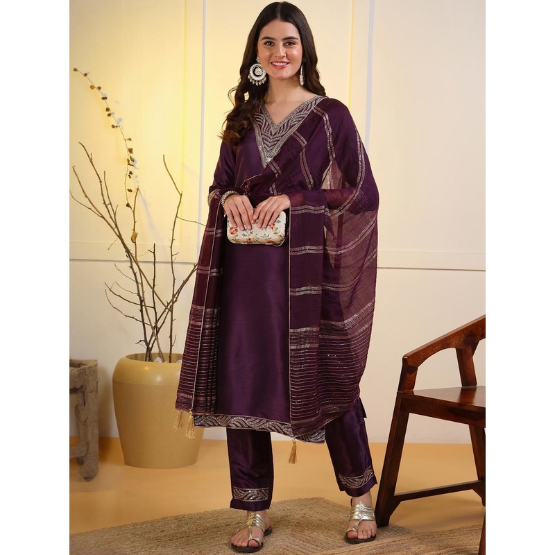 Moda Rapido Women Ethnic Motifs Embroidered Thread Work Kurta with Trousers & Dupatta