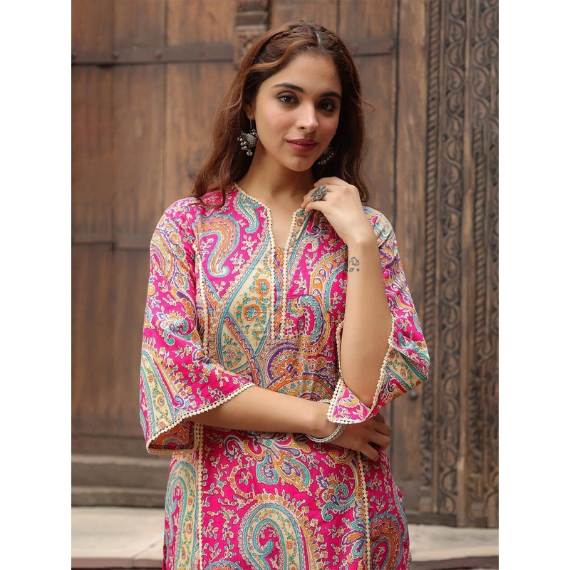 PRISCA Paisley Printed Notch Neck Panelled A-Line Kurta