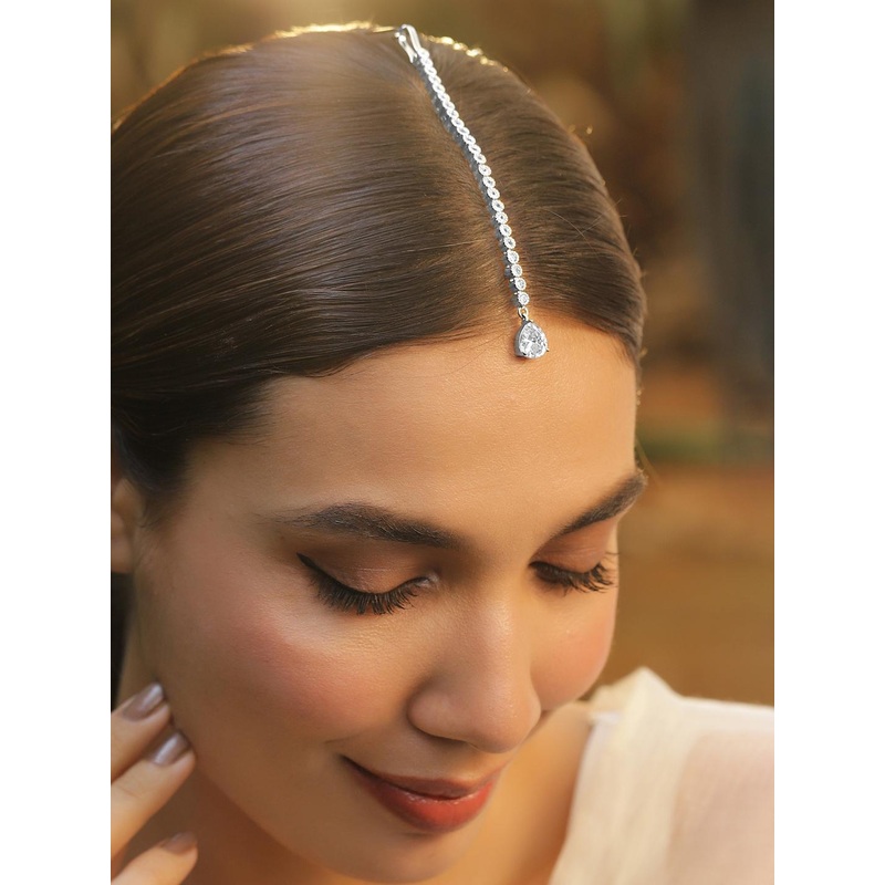Rubans Rhodium-Plated Cubic Zirconia Studded & AD Drop Handcrafted Maang Tikka