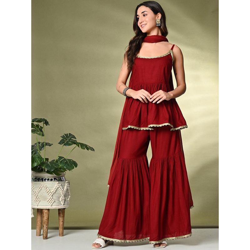 Sangria A-Line Kurti With Sharara & Dupatta