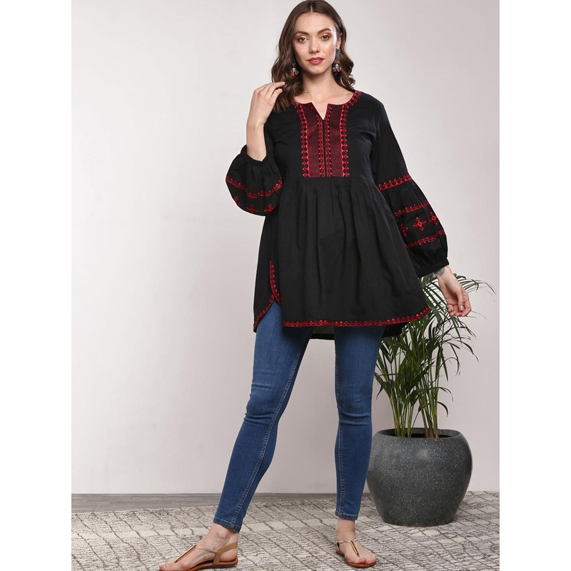 Sangria Black & Red Embroidered Tunic