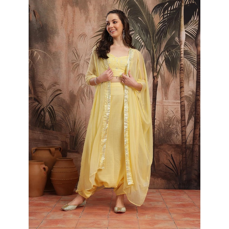 Sangria Ethnic Motifs Foil Print Fitted Crop Top with Harem Pants & Shrug