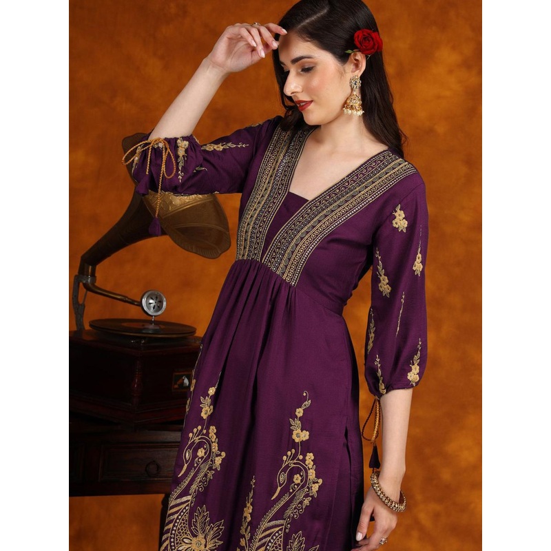Sangria Purple Floral Embroidered V-Neck Three-Quarter Sleeves Regular A-Line Kurta