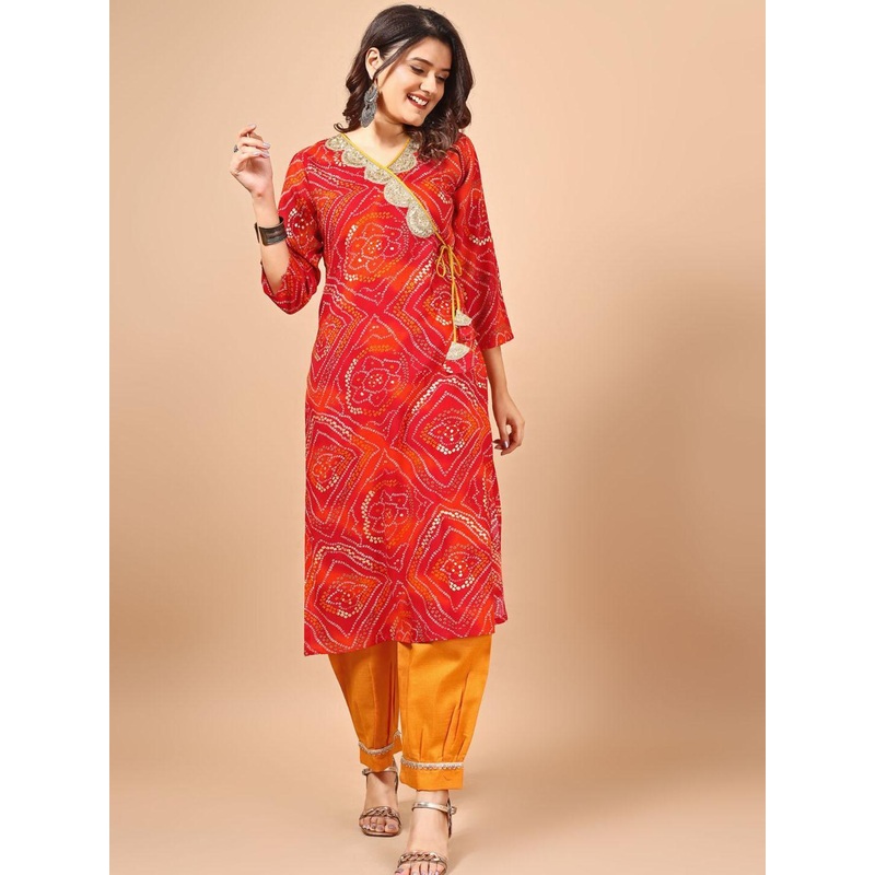 Sangria Red Bandhani Printed Angrakha Sequined Straight Kurta