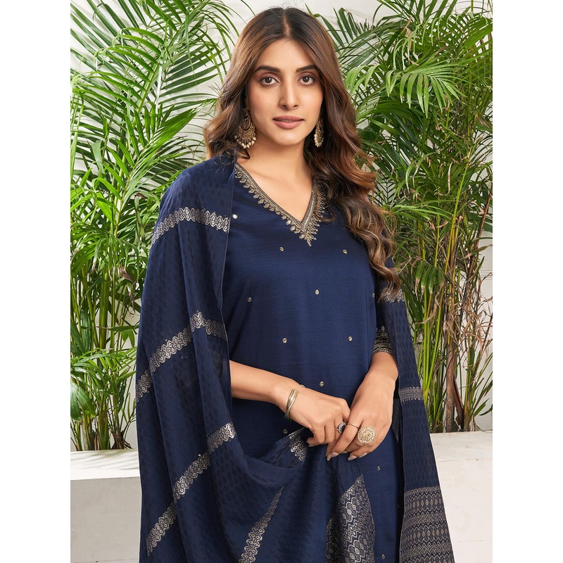 SANISA Floral Embroidered V-Neck Thread Work Straight Kurta With Trouser And Dupatta