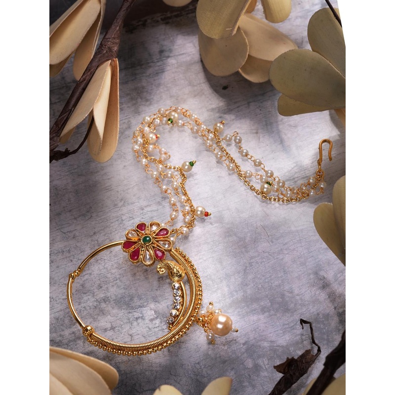 Saraf RS Jewellery Gold-Plated Kundan Studded & Pearls Beaded Enamelled Nosepin