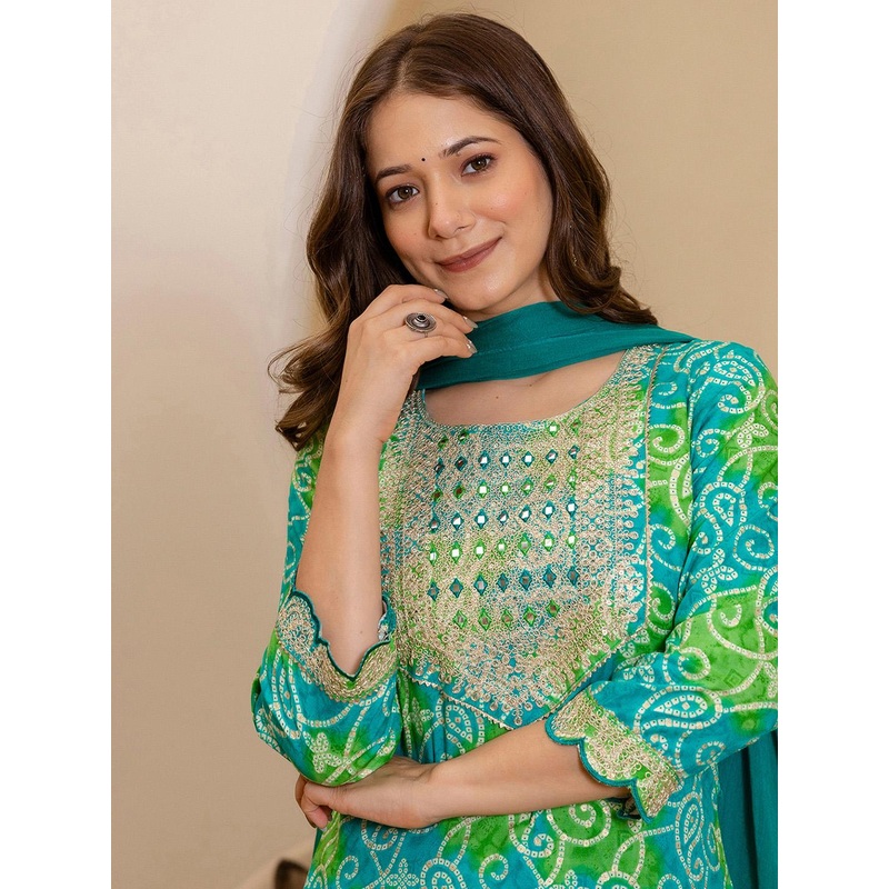 SKYLEE Bandhani Printed Round Neck Mirror Work Straight Kurta With Trousers & Dupatta