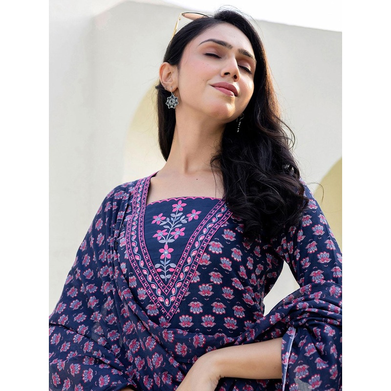 SKYLEE Floral Printed Notch Neck Sequinned Straight Kurta With Trouser & Dupatta