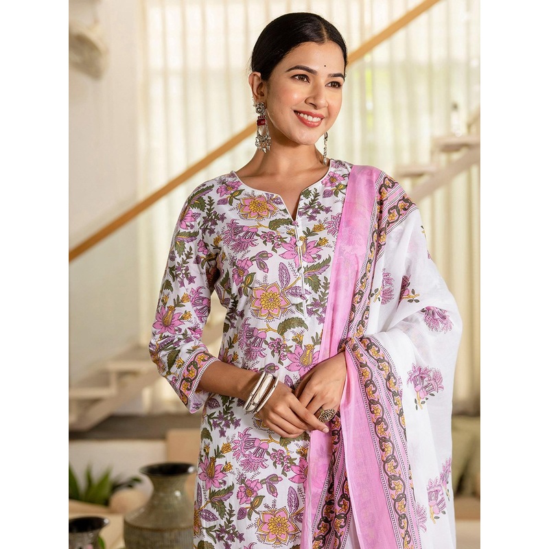 SKYLEE Floral Printed Notch Neck Straight Kurta With Trouser And Dupatta