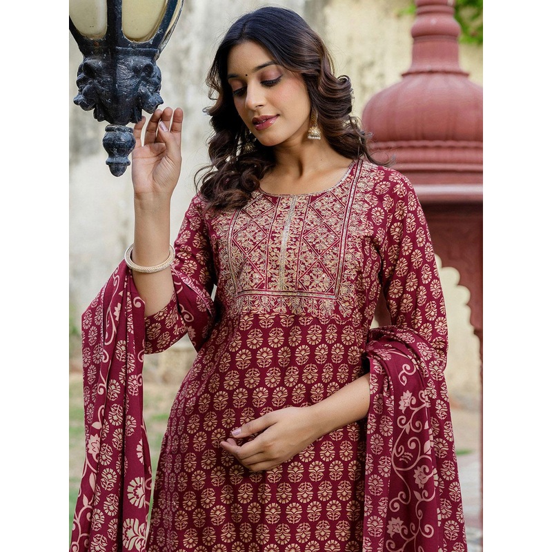 SKYLEE Floral Printed Round Neck Sequinned Kurta With Trousers & Dupatta