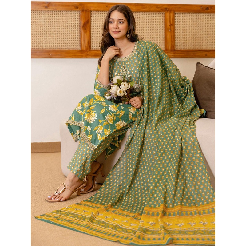 SKYLEE Floral Printed Sequinned Kurta With Trousers & Dupatta