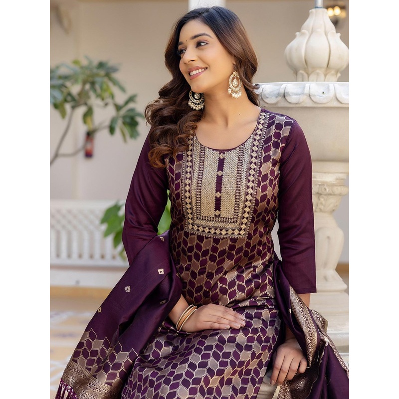 SKYLEE Floral Woven Design Round Neck Sequinned Straight Kurta With Trousers & Dupatta