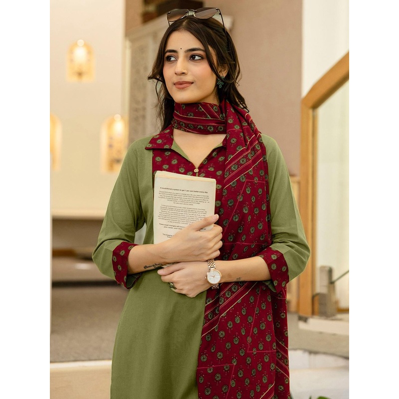 SKYLEE Floral Yoke Design Shirt Collar Kurta With Trousers & Dupatta