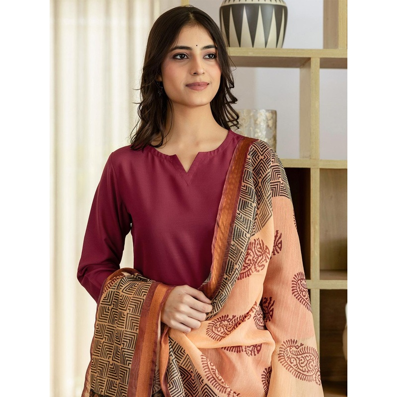 SKYLEE Notch Neck Regular Straight Kurta With Trousers & Dupatta