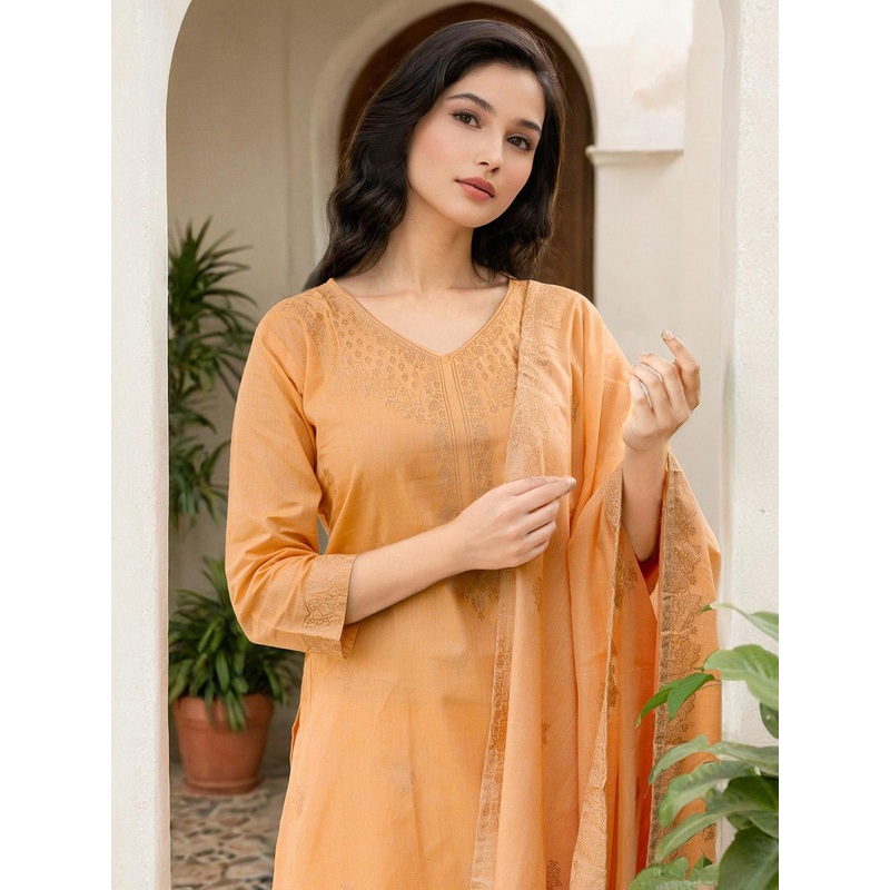 Skylee Pop Women Pure Cotton Woven Design Straight Kurta Trousers With Dupatta