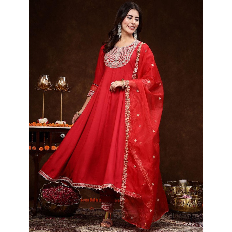 Stylum Red & Gold Toned Ethnic Motifs Embroidered Anarkali Kurta & Trousers With Dupatta