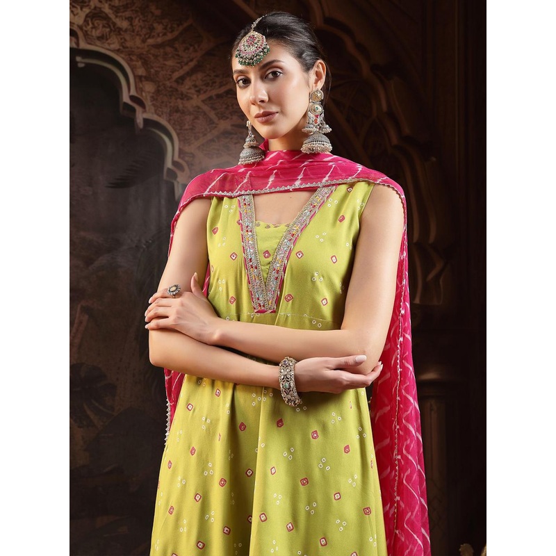 Stylum Women Bandhani Printed Bandhej A-Line Thread Work Pastels Kurta With Dupatta