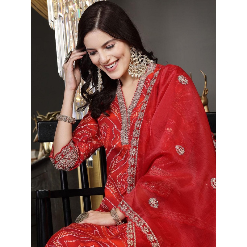 Stylum Women Bandhani Printed Regular Sequinned Kurta with Trousers & With Dupatta