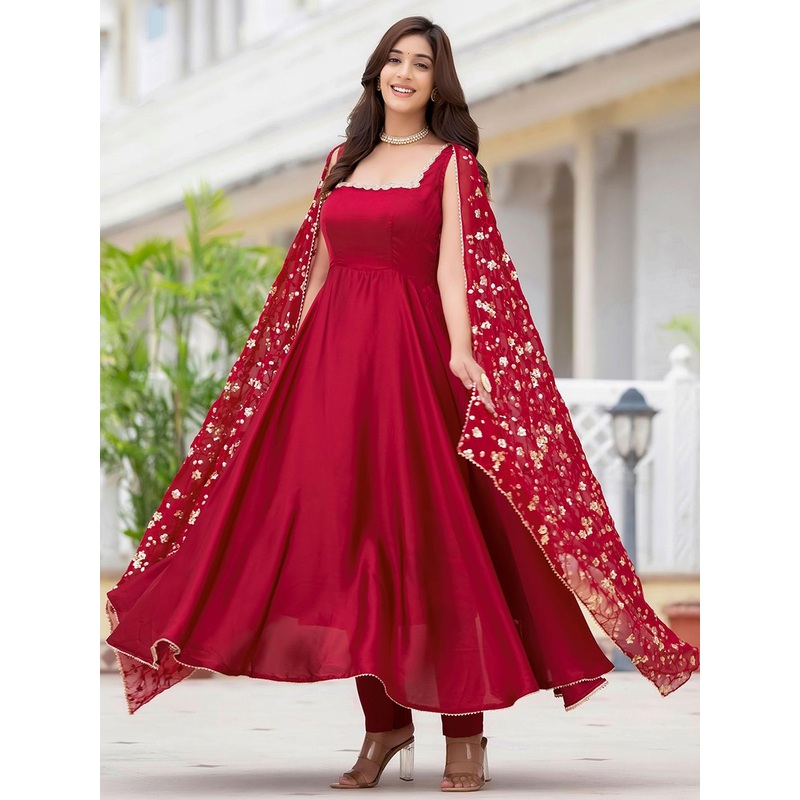 TextileNow Square Neck Sleeveless Sequinned Satin Anarkali Kurta With Trousers & Dupatta