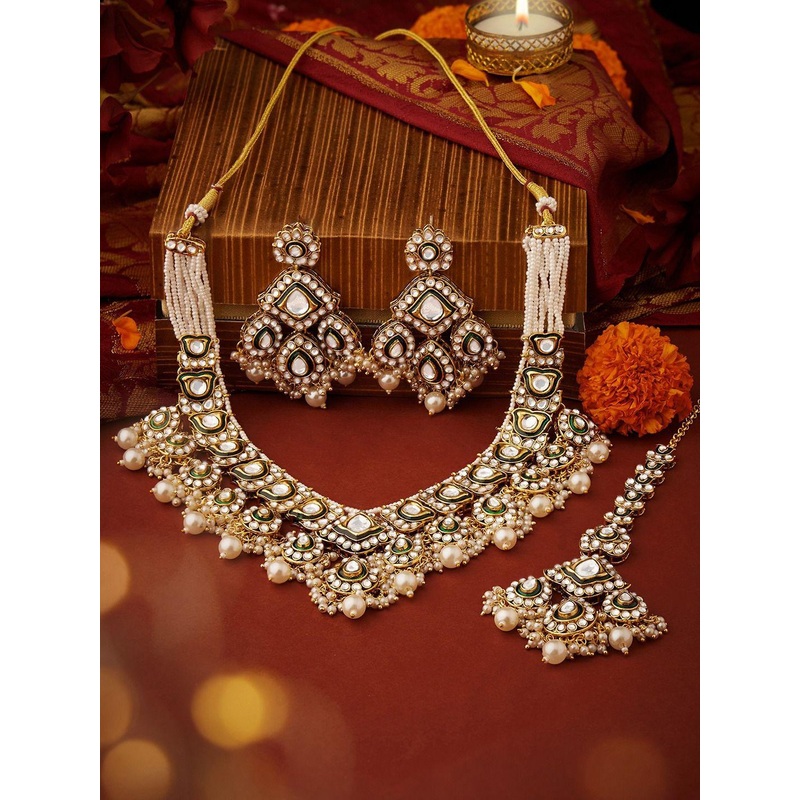 Zaveri Pearls Gold-Plated Meenakari Kundan-Studded & Beaded Jewellery Set