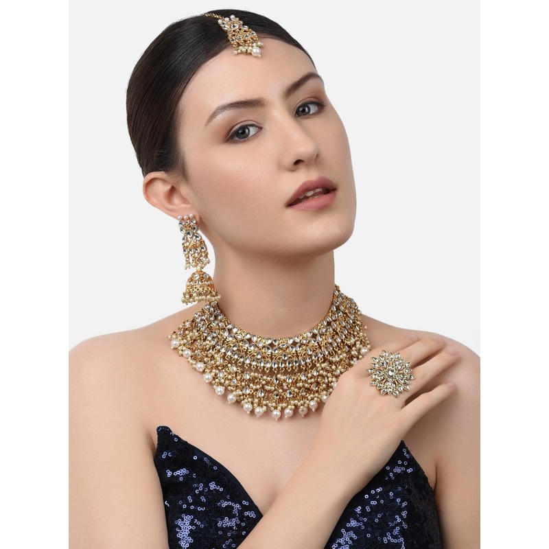 Zaveri Pearls Gold-Plated & White Kundan-Studded & Beaded Jadau Jewellery Set