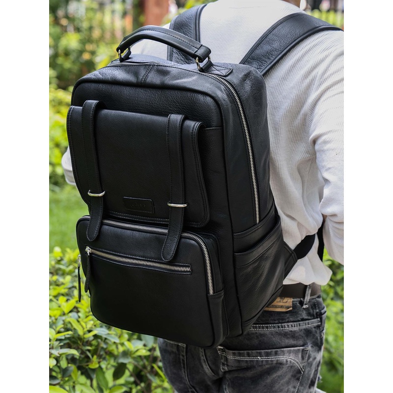 Celtic Unisex Soft Black Textured Leather Backpack Spacious LaptopFriendly