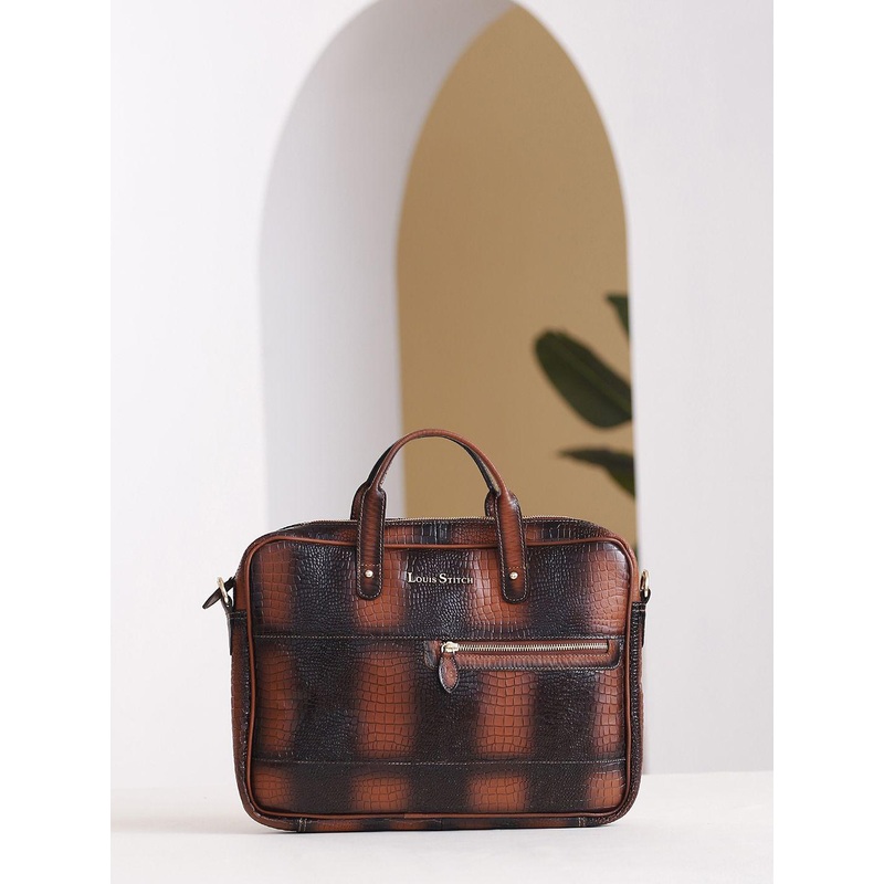 LOUIS STITCH Textured Italian Leather Tan Slim Dual Tone Laptop Bag