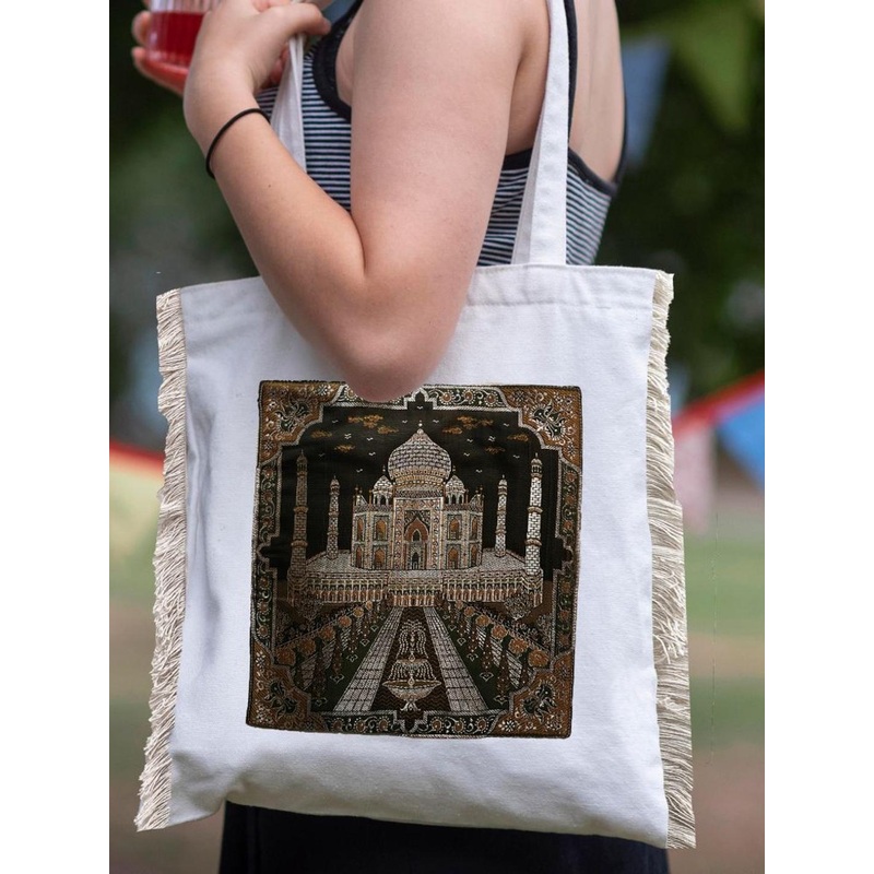 MAATIR DESIGNS Unisex Taj Mahal Brocade Graphic Printed Shopper Cotton Canvas Tote Bag