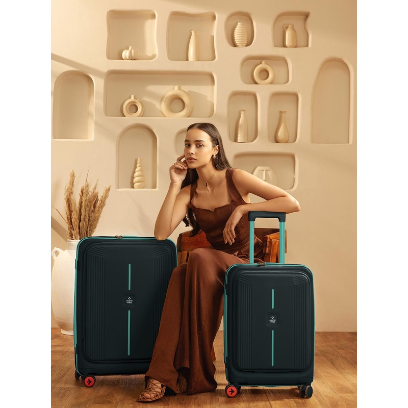 Nasher Miles Alexandria Polypropylene Set of 2 S\u002FM Grey Teal Trolley Bags (55-65 cm)