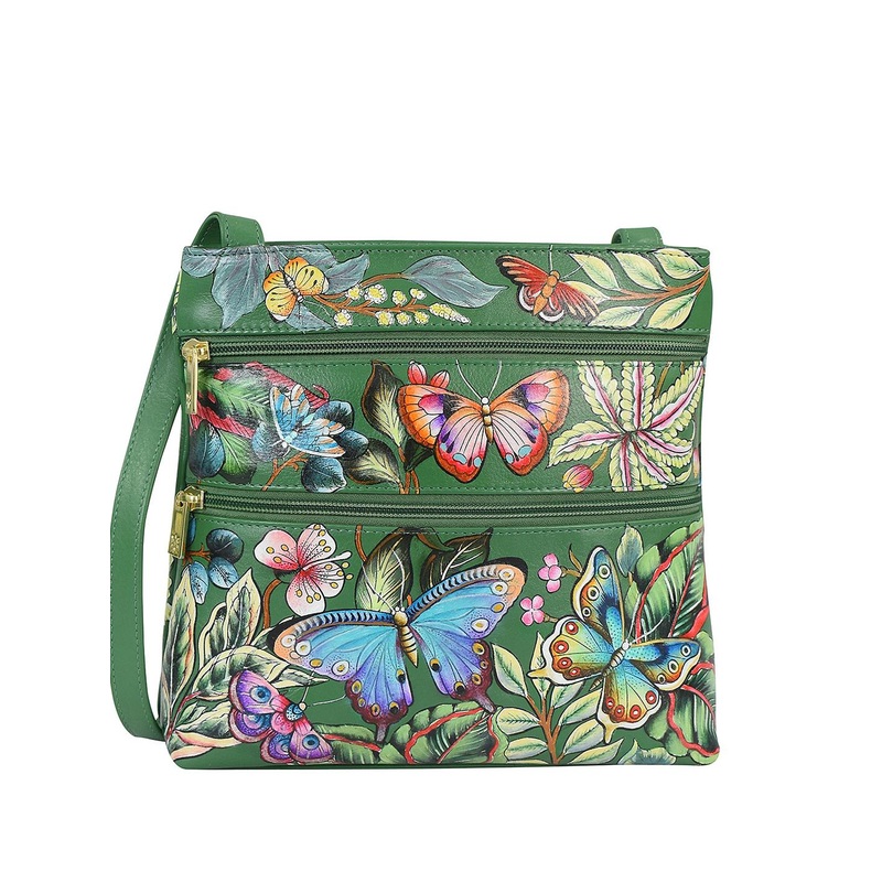 Anuschka Hand Painted Dancing Leaves Leather Medium Crossbody With Double Zip Pockets