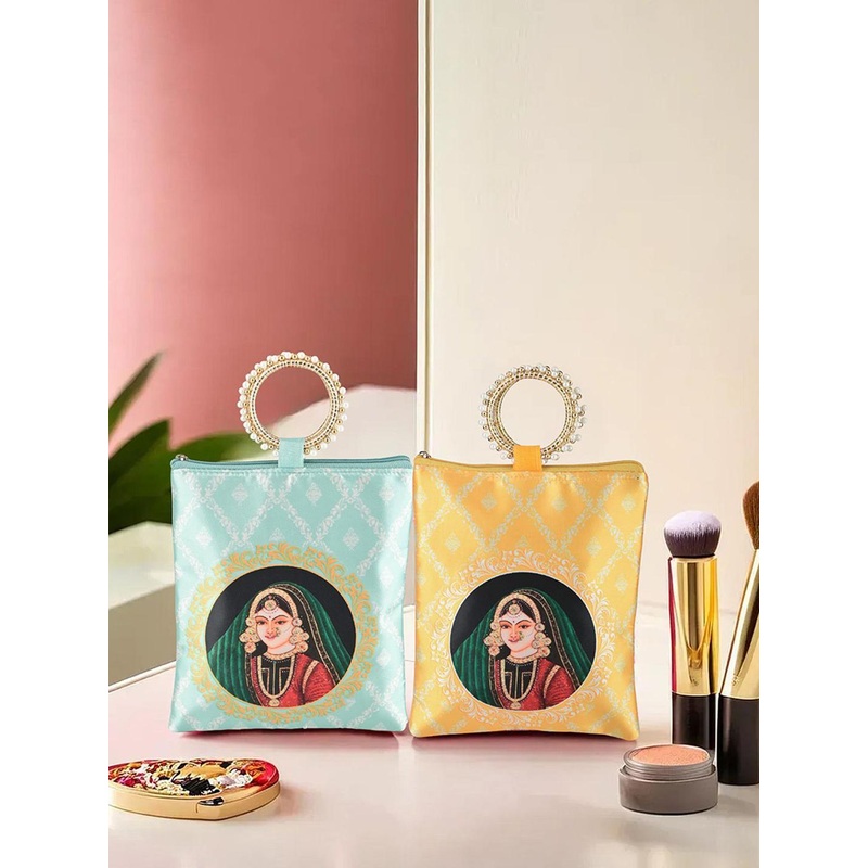 Kuber Industries 2 Pcs Silk Hand Bags for Women Printed Structured Sling Bag with Applique